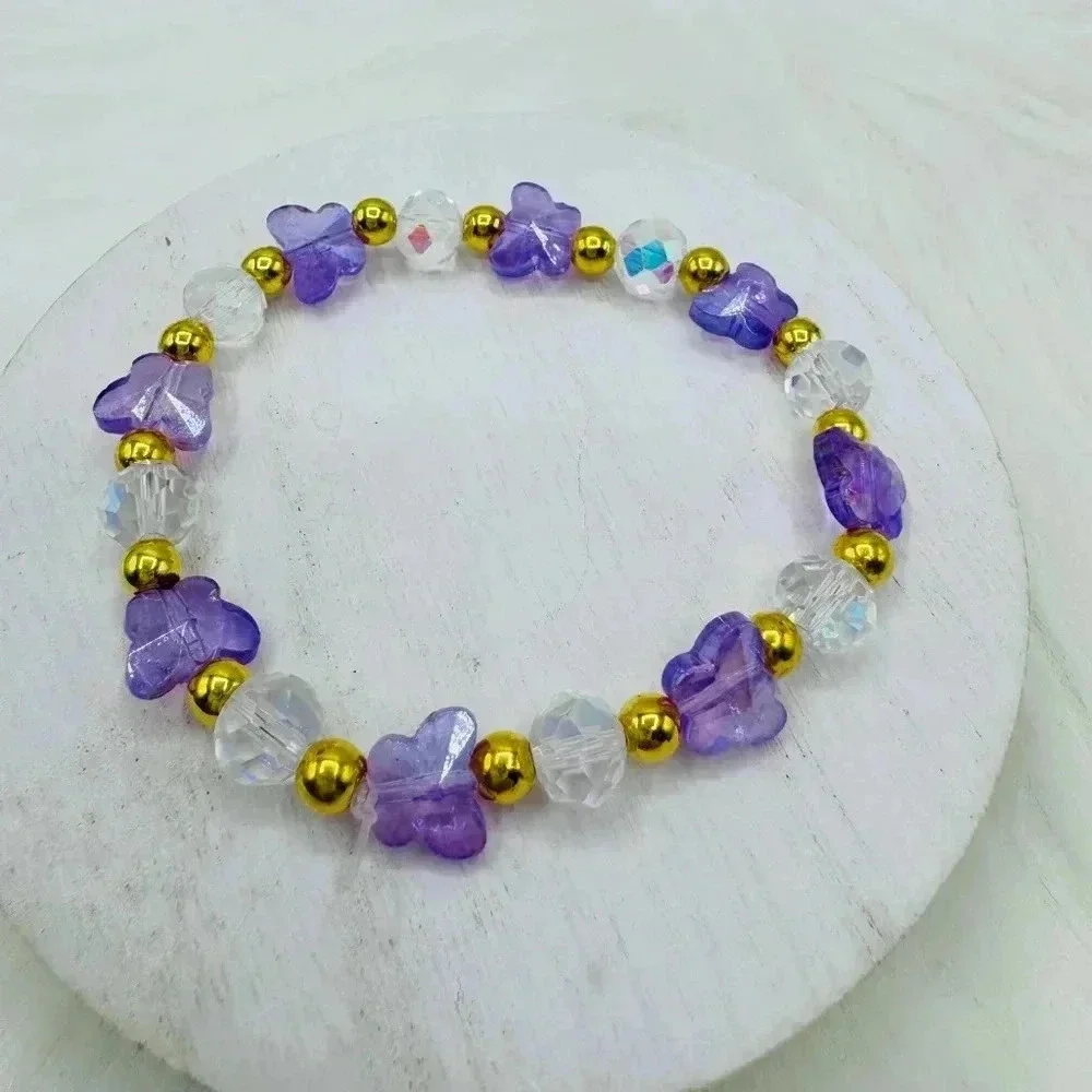 Purple Butterfly Charm Beaded Bracelet